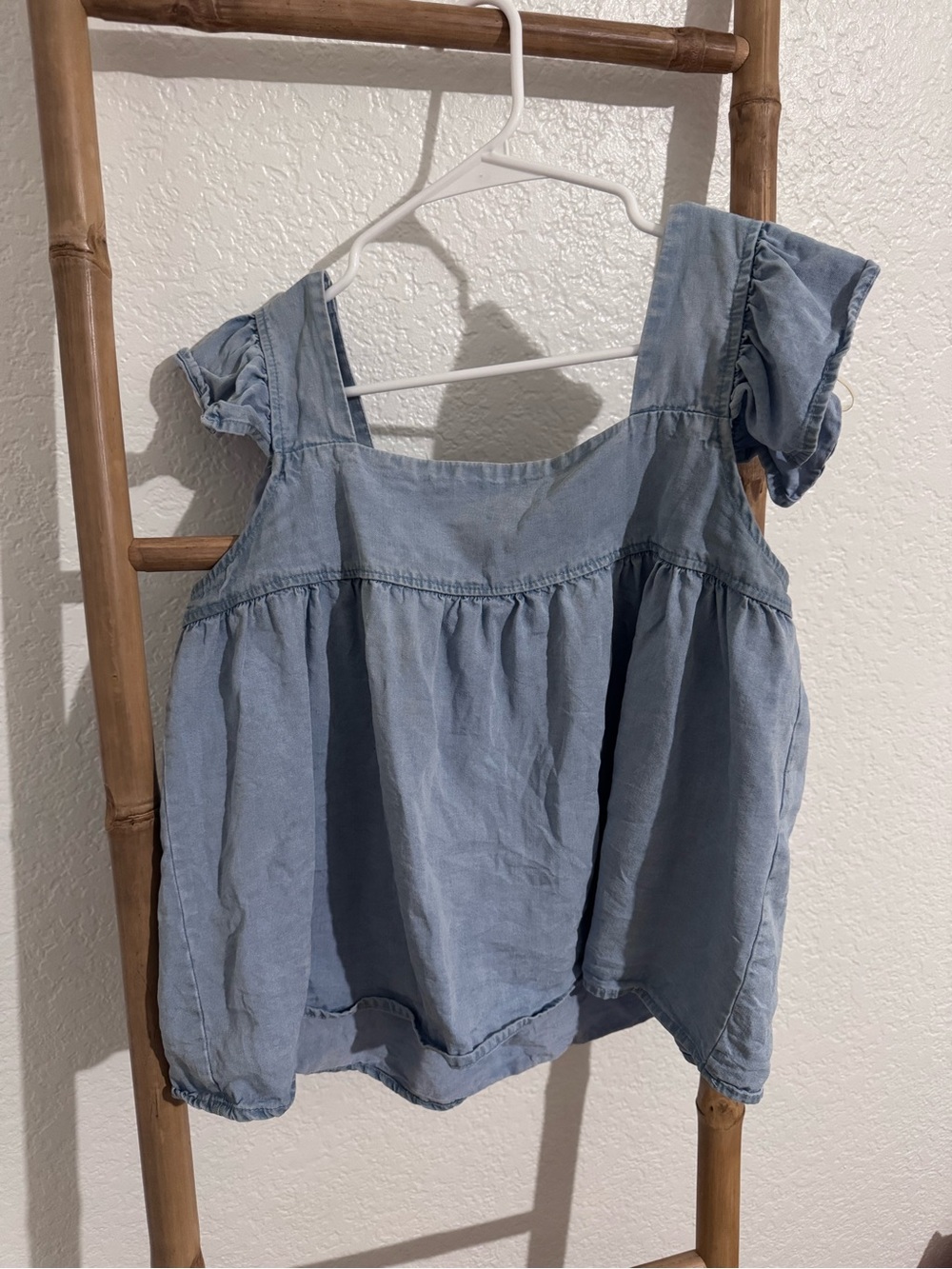 Chambray Square Neck Ruffle Sleeve Crop Top - Light Blue